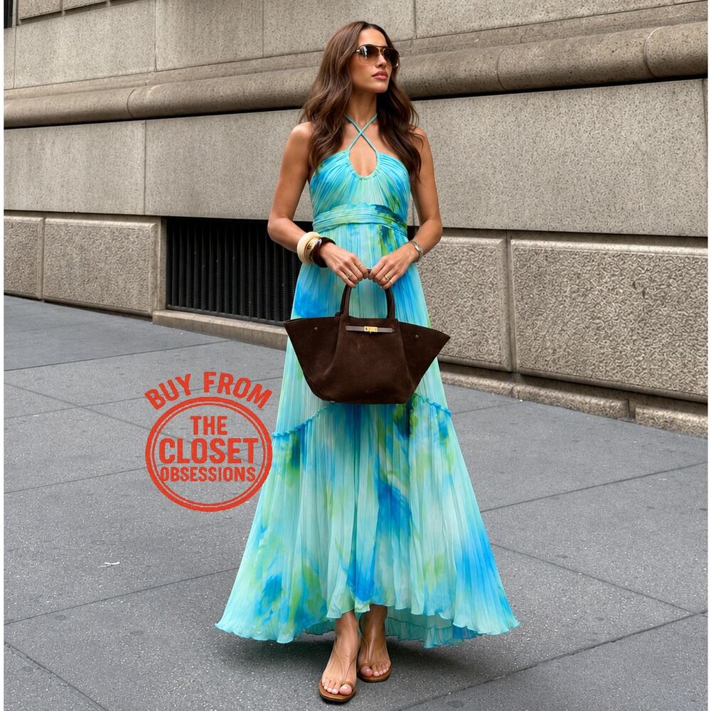 Mango NWT Blue Watercolor Halter Pleated Maxi Dress 6 8 - Picture 5 of 16